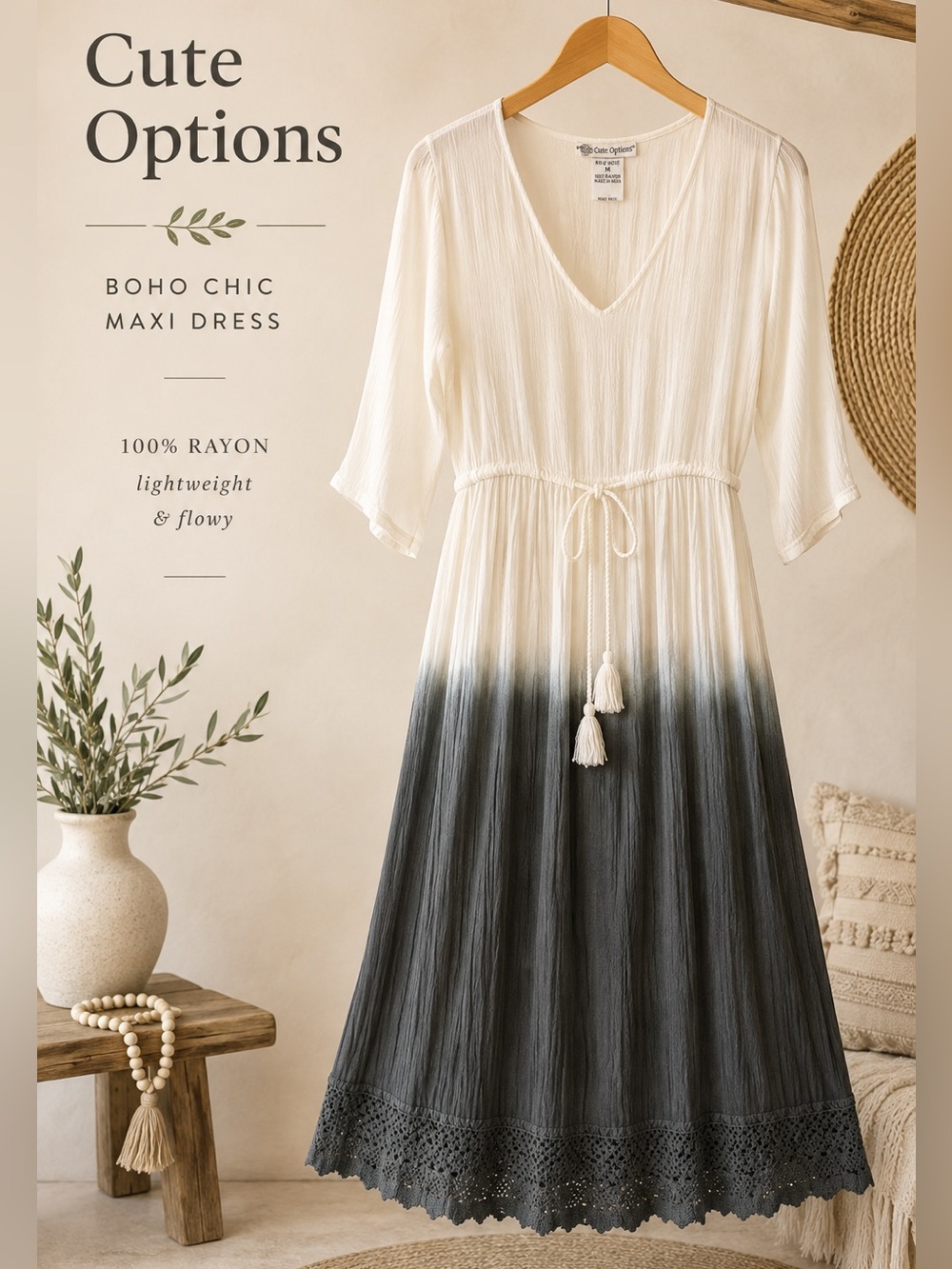 Cute Options Ombre Maxi Dress M White Gray Boho Crochet Hem Tassel Tie Rayon